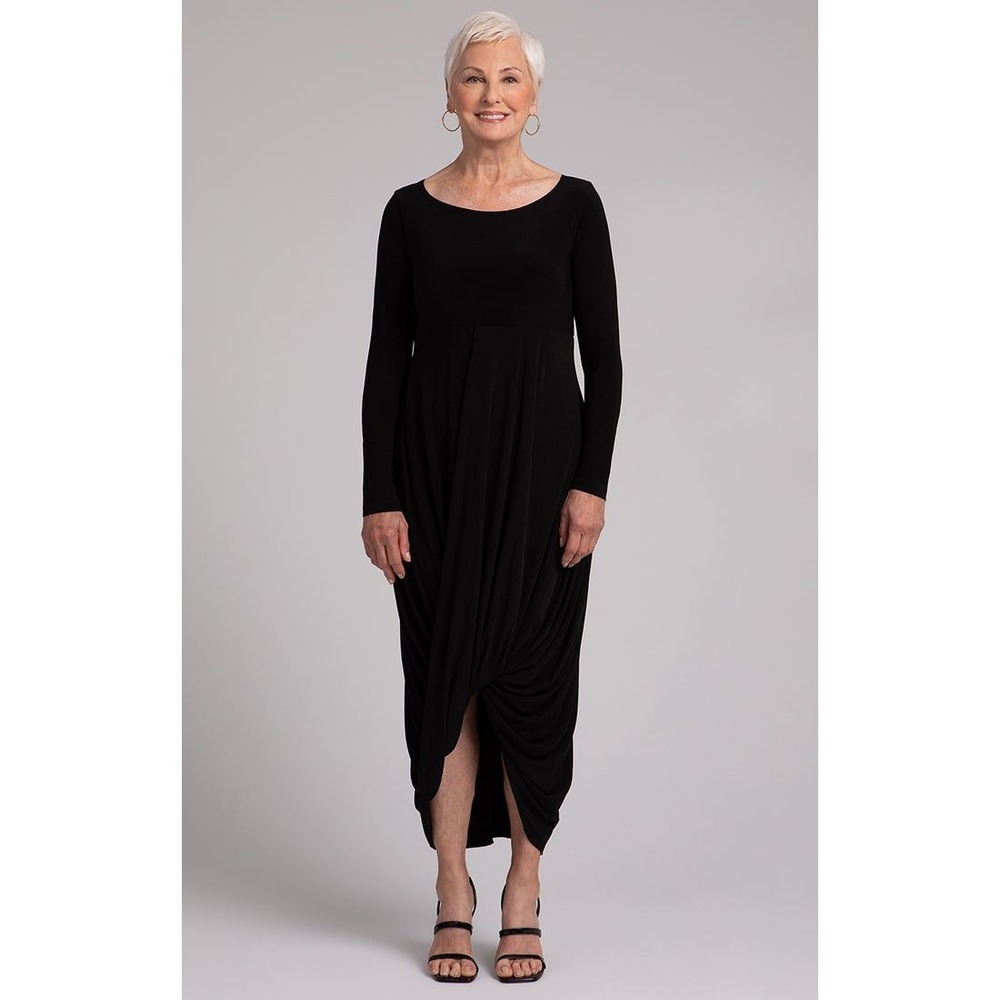 Sympli‎ Swag Dress Black Long Sleeve Draped Tulip Hem Jersey Knit Midi- Size 8